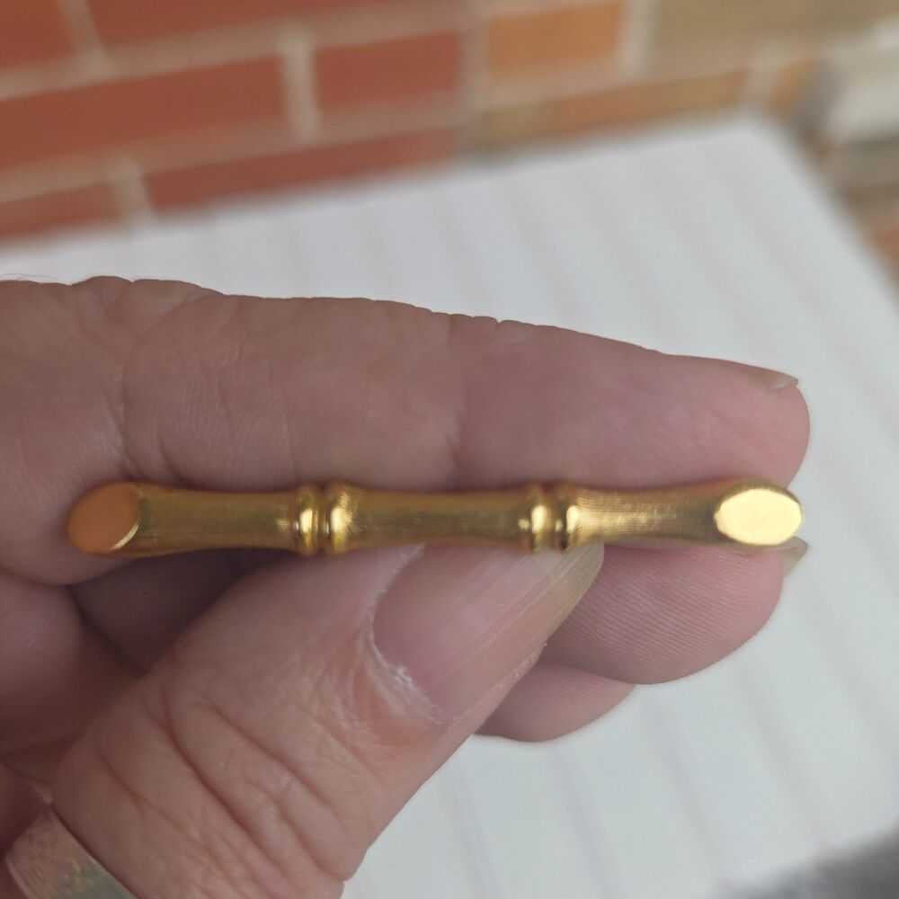 Vintage Trifari Gold Tone Bamboo Bar Brooch 2" Signed Minimalist Pin
